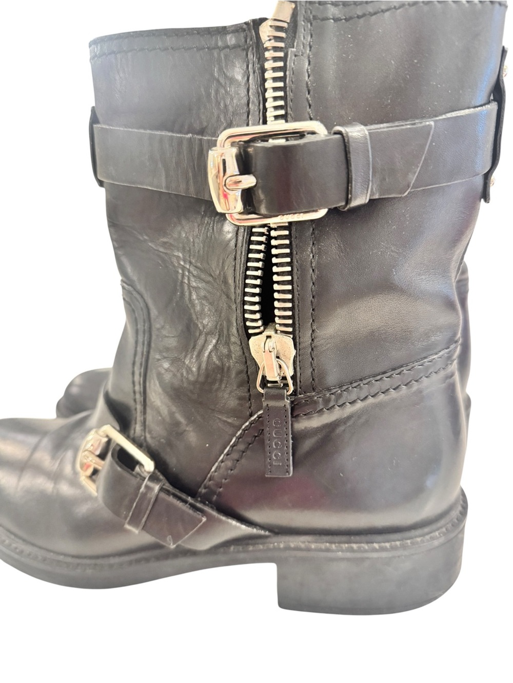 Gucci Black Leather Buckle Zip Moto Boots - Picture 5 of 5